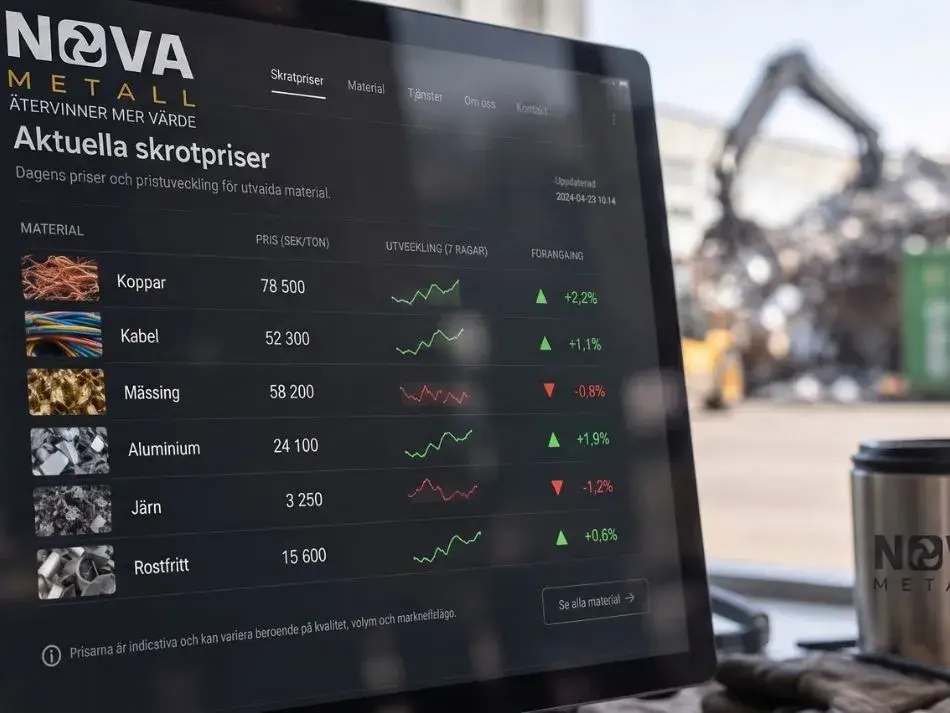 Sorterat metallskrot och digital prisöversikt över aktuella skrotpriser